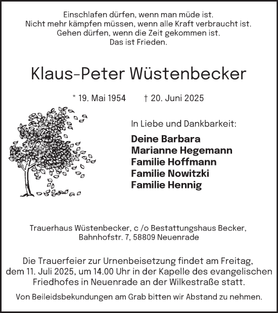 Traueranzeige von Klaus-Peter Wüstenbecker von Tageszeitung