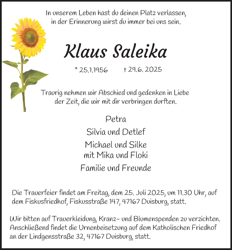  Traueranzeige für Klaus Saleika vom 19.07.2025 aus Tageszeitung