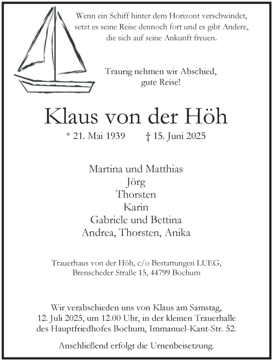 Traueranzeige von Klaus von der Höh von Tageszeitung