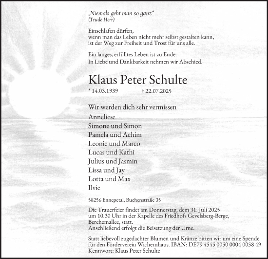 Traueranzeige von Klaus Peter Schulte von Tageszeitung