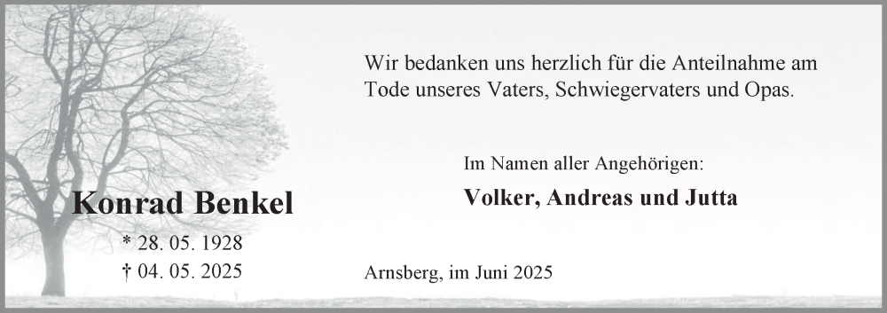  Traueranzeige für Konrad Benkel vom 28.06.2025 aus Tageszeitung