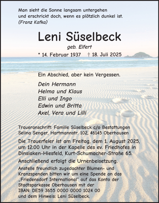 Traueranzeige von Leni Süselbeck von Tageszeitung