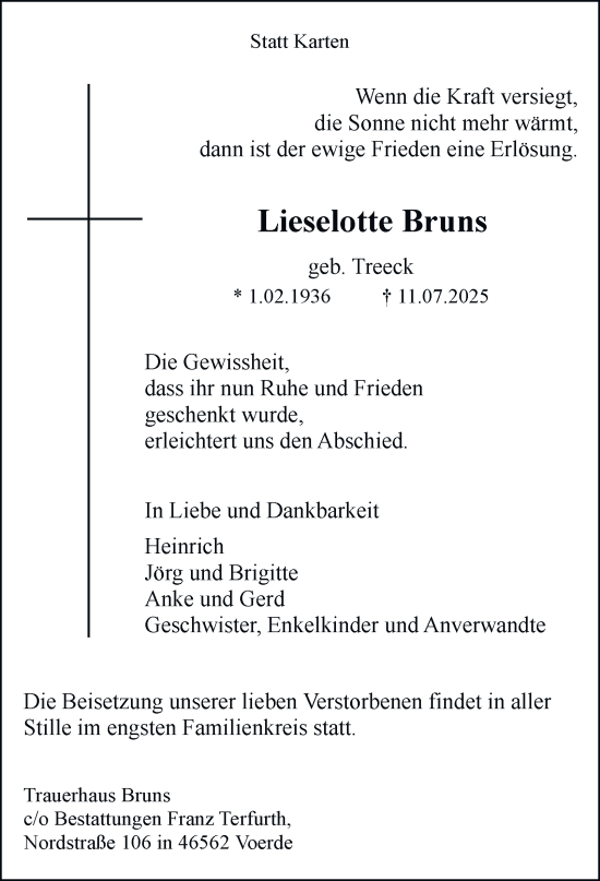 Traueranzeige von Lieselotte Bruns von Tageszeitung