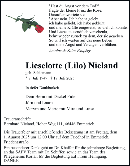 Traueranzeige von Lieselotte Nieland von Tageszeitung