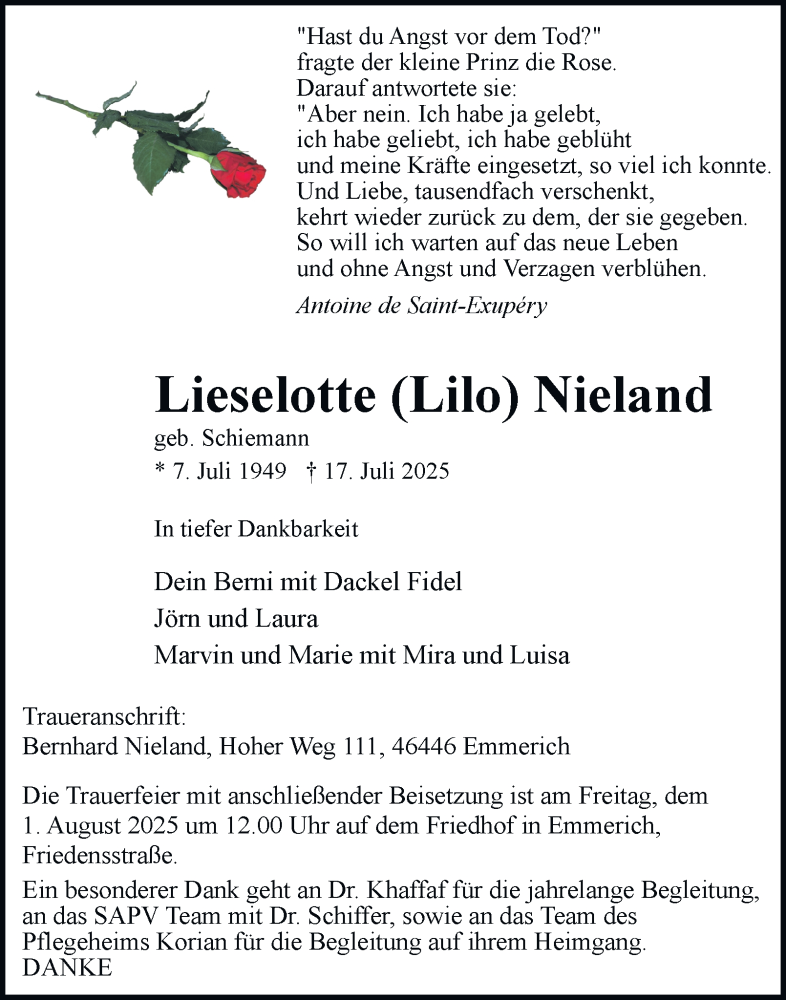  Traueranzeige für Lieselotte Nieland vom 26.07.2025 aus Tageszeitung