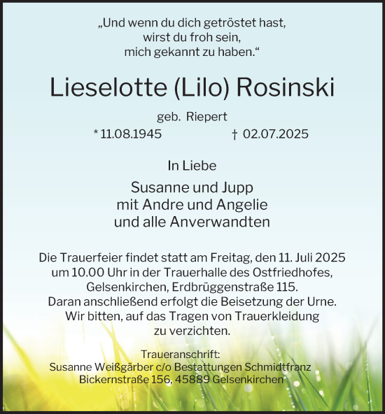 Traueranzeige von Lieselotte Rosinski von Tageszeitung