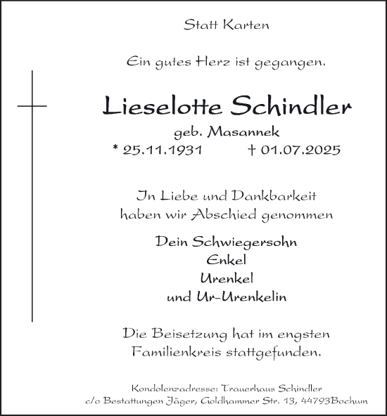 Traueranzeige von Lieselotte Schindler von Tageszeitung