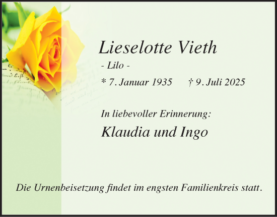 Traueranzeige von Lieselotte Vieth von Tageszeitung