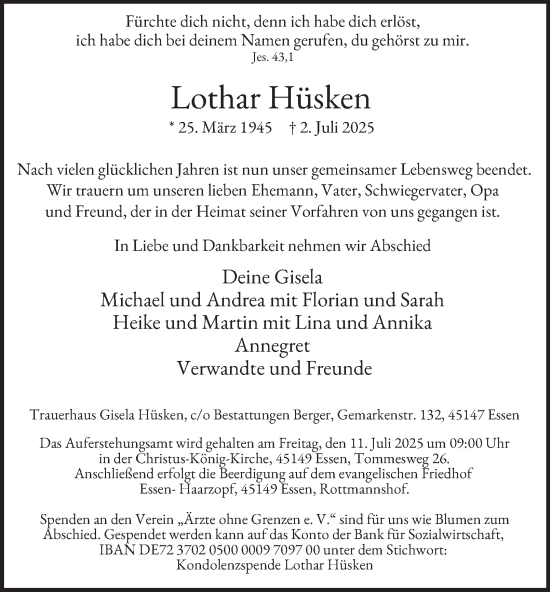Traueranzeige von Lothar Hüsken von Tageszeitung