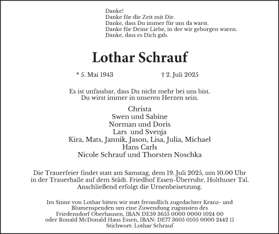 Traueranzeige von Lothar Schrauf von Tageszeitung
