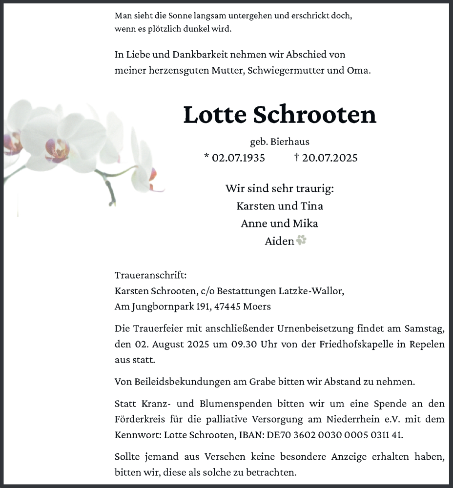  Traueranzeige für Lotte Schrooten vom 26.07.2025 aus Tageszeitung