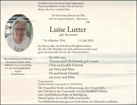 Traueranzeige von Luise Lutter von Tageszeitung