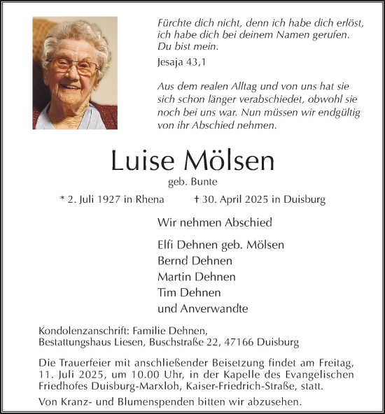 Traueranzeige von Luise Mölsen von Tageszeitung