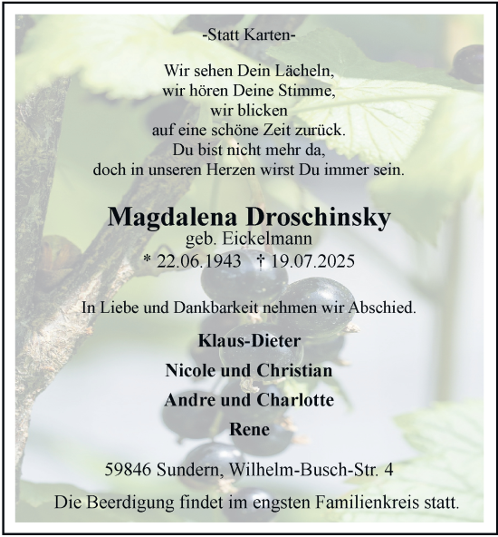 Traueranzeige von Magdalena Droschinsky von Tageszeitung