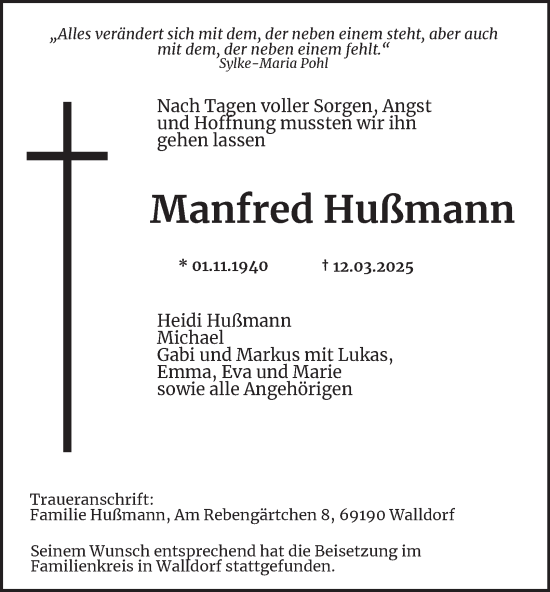 Traueranzeige von Manfred Hußmann von Tageszeitung
