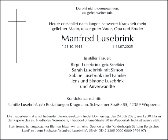 Traueranzeige von Manfred Lusebrink von Tageszeitung