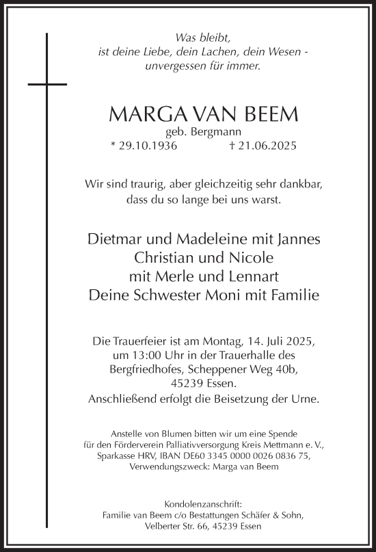 Traueranzeige von Marga van Beem von Tageszeitung