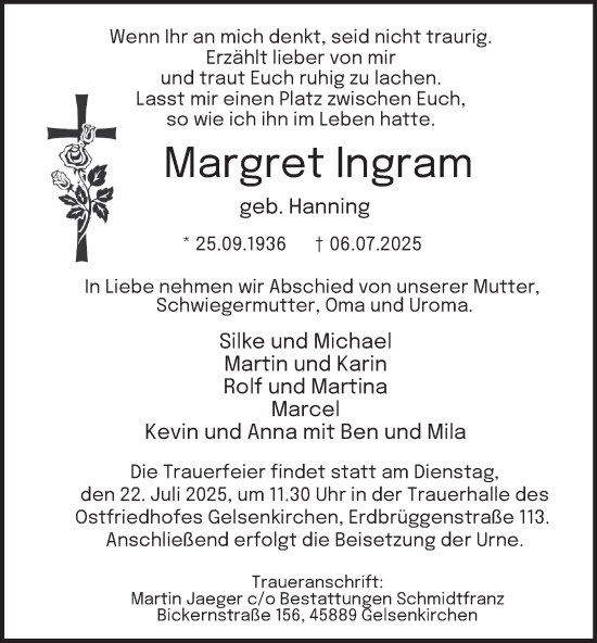 Traueranzeige von Margret Ingram von Tageszeitung