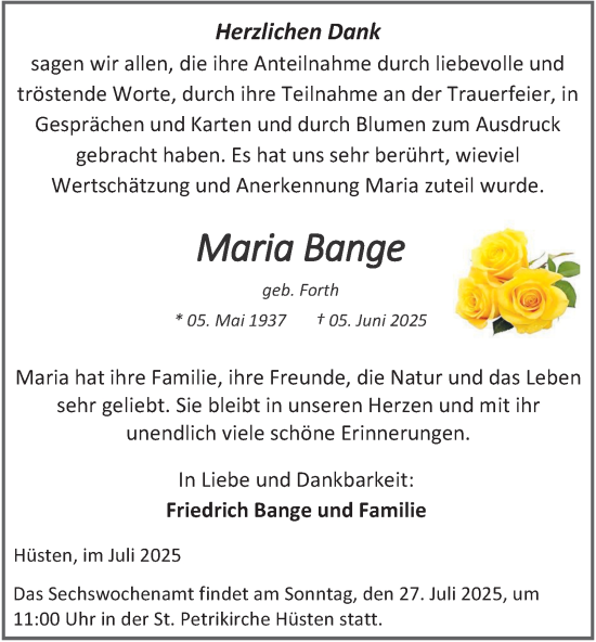 Traueranzeige von Maria Bange von Tageszeitung