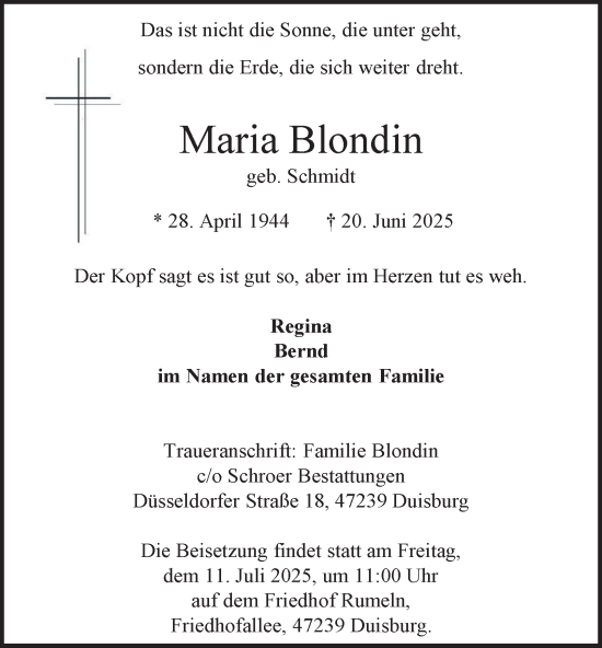 Traueranzeige von Maria Blondin von Tageszeitung