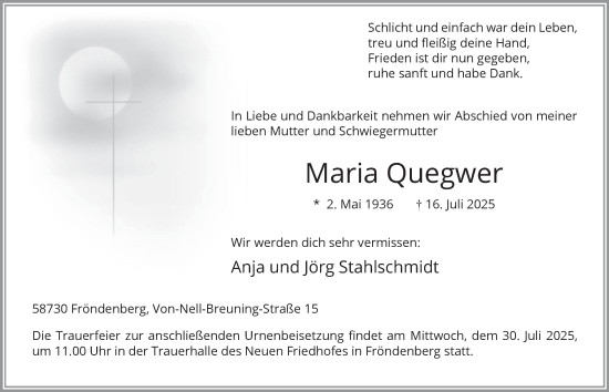 Traueranzeige von Maria Quegwer von Tageszeitung