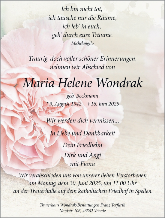 Traueranzeige von Maria  Wondrak von Tageszeitung