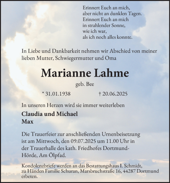 Traueranzeige von Marianne Lahme von Tageszeitung