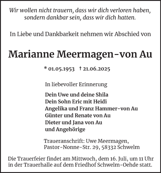 Traueranzeige von Marianne Meermagen-von Au von Tageszeitung