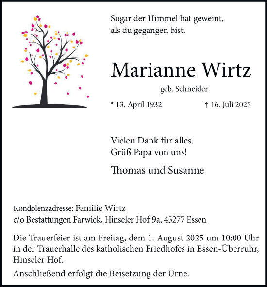 Traueranzeige von Marianne Wirtz von Tageszeitung