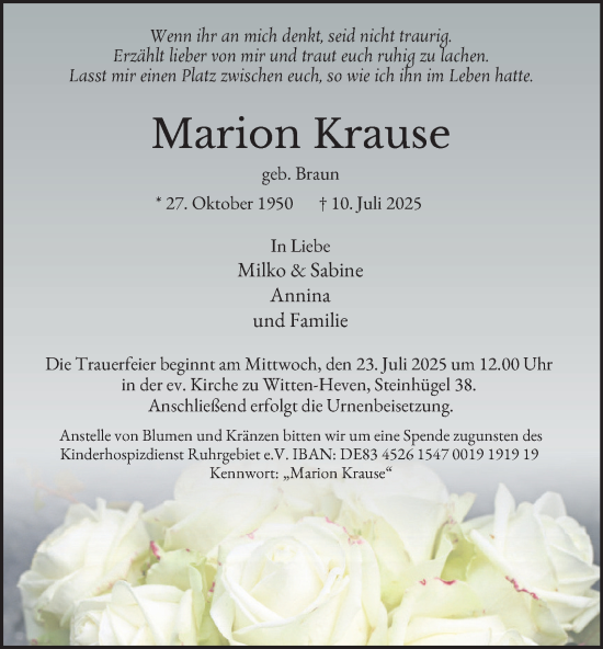 Traueranzeige von Marion Krause von Tageszeitung