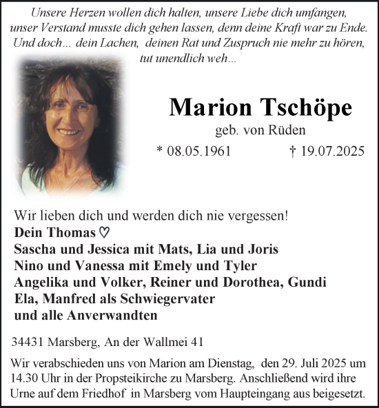 Traueranzeige von Marion Tschöpe von Tageszeitung