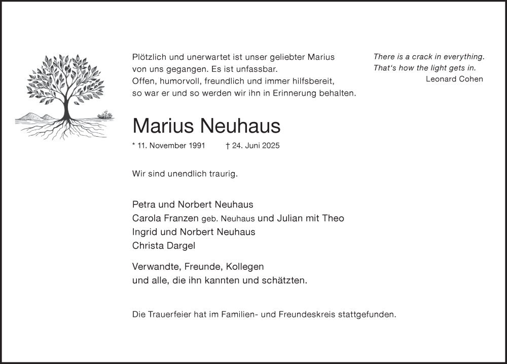  Traueranzeige für Marius Neuhaus vom 19.07.2025 aus Tageszeitung