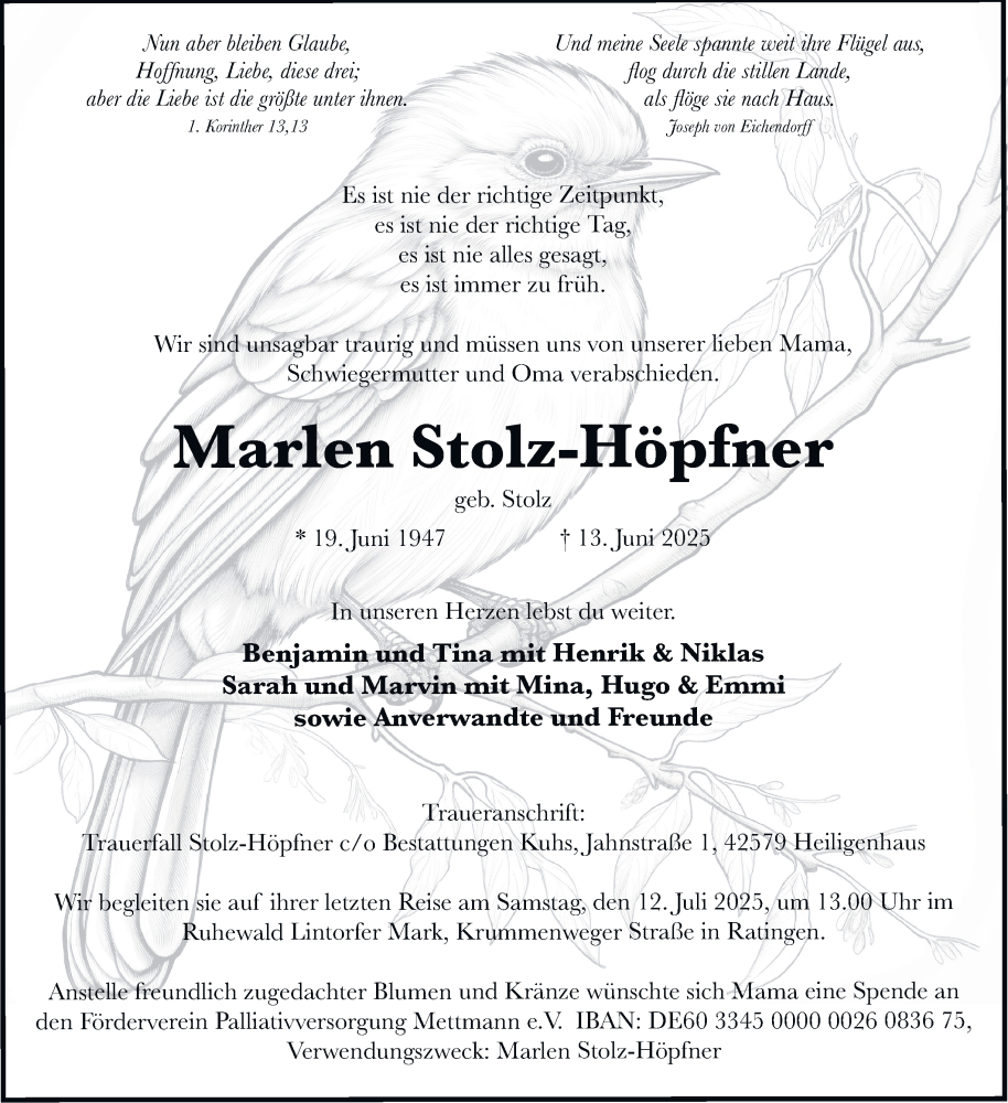  Traueranzeige für Marlen Stolz-Höpfner vom 05.07.2025 aus Tageszeitung