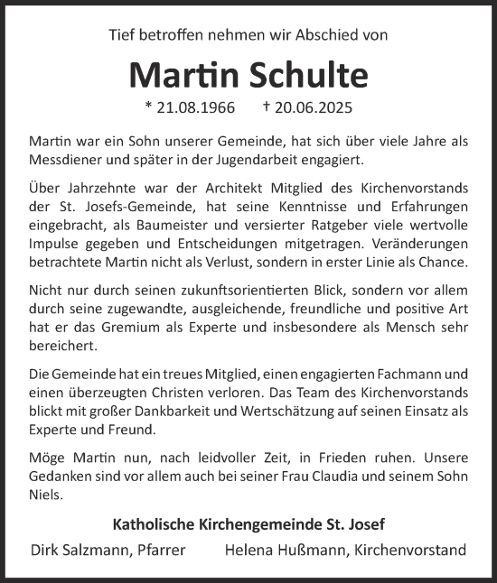 Traueranzeige von Martin Schulte von Tageszeitung
