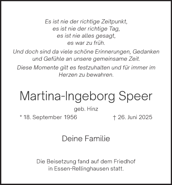 Traueranzeige von Martina-Ingeborg Speer von Tageszeitung