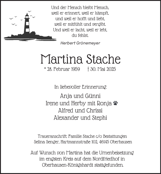 Traueranzeige von Martina Stache von Tageszeitung