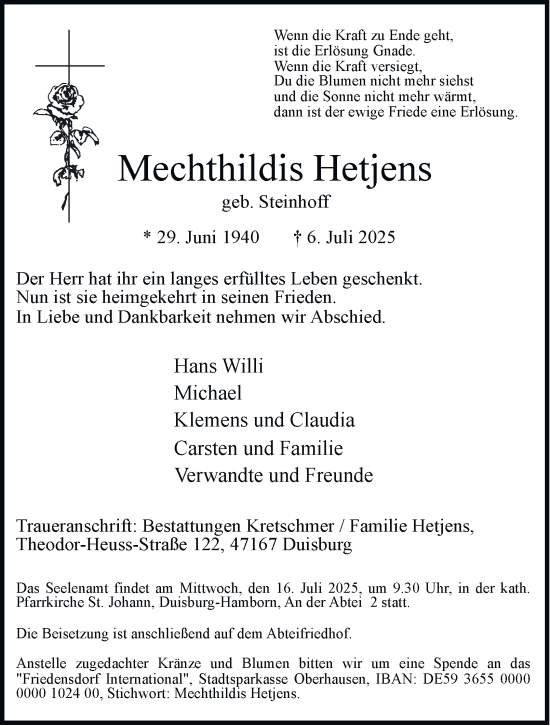 Traueranzeige von Mechthildis Hetjens von Tageszeitung