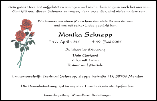 Traueranzeige von Monika Schnepp von Tageszeitung