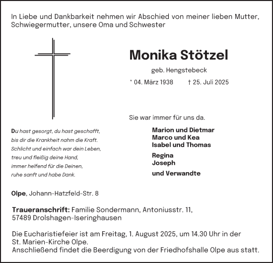 Traueranzeige von Monika Stötzel von Tageszeitung
