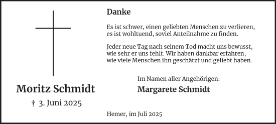 Traueranzeige von Moritz Schmidt von Tageszeitung