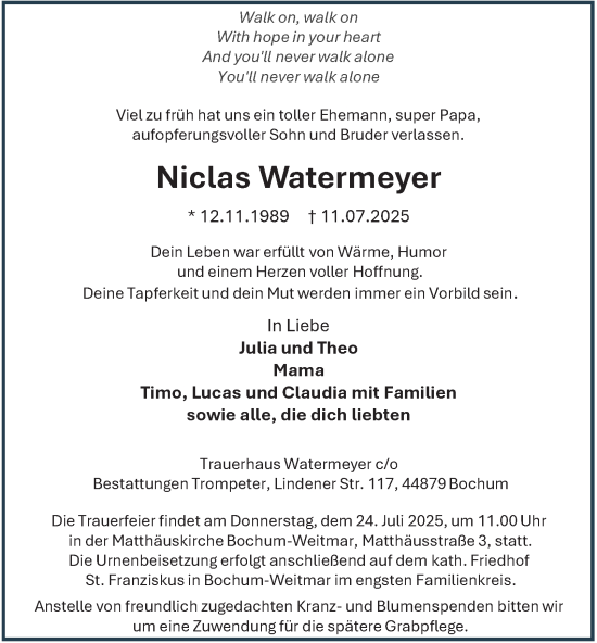Traueranzeige von Niclas Watermeyer von Tageszeitung