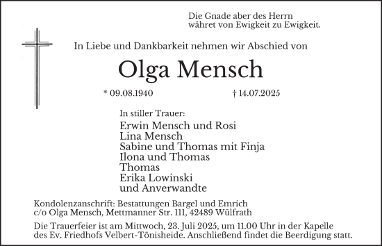 Traueranzeige von Olga Mensch von Tageszeitung