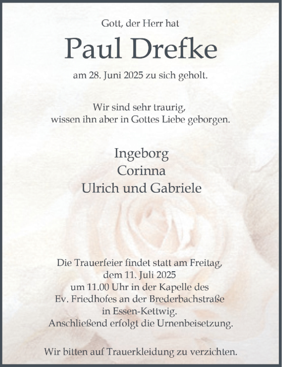 Traueranzeige von Paul Drefke von Tageszeitung