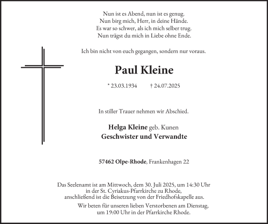 Traueranzeige von Paul Kleine von Tageszeitung
