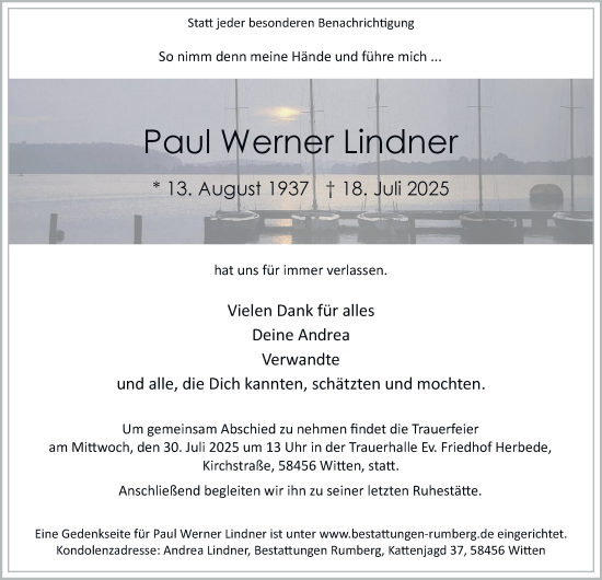 Traueranzeige von Paul Werner Lindner von Tageszeitung