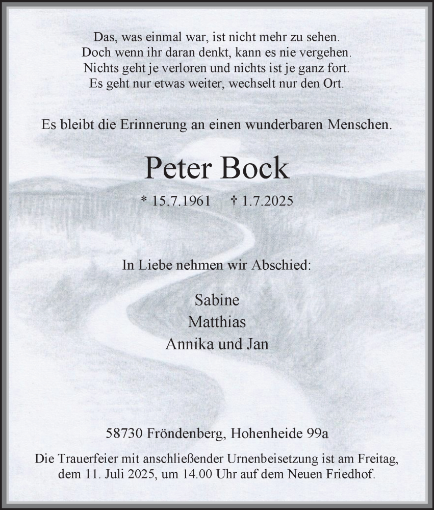  Traueranzeige für Peter Bock vom 05.07.2025 aus Tageszeitung
