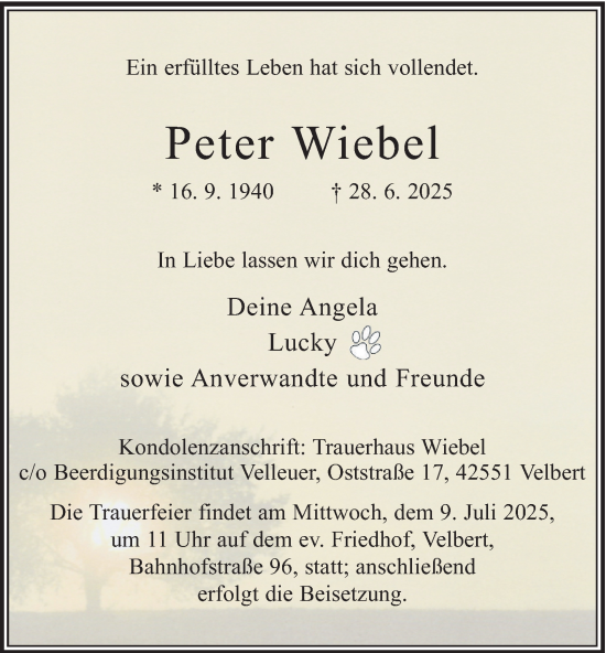 Traueranzeige von Peter Wiebel von Tageszeitung