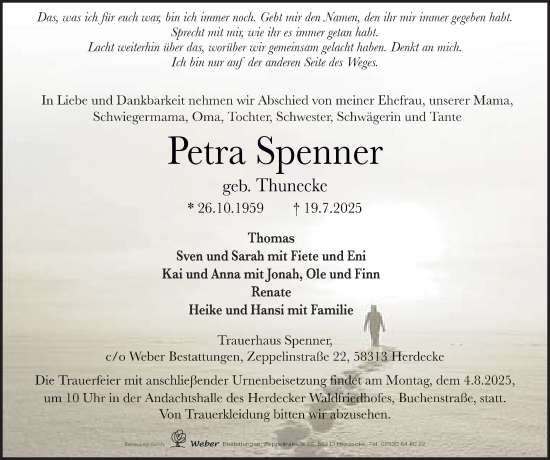 Traueranzeige von Petra Spenner von Tageszeitung
