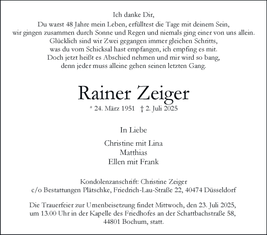 Traueranzeige von Rainer Zeiger von Tageszeitung