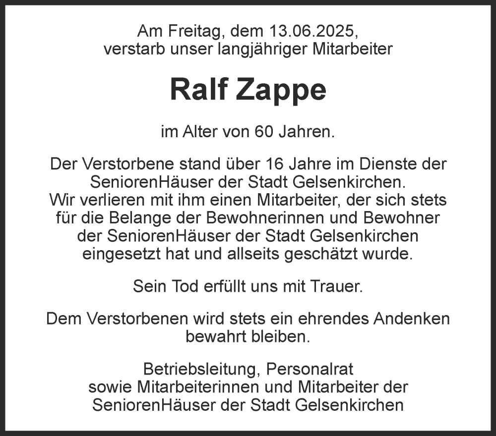  Traueranzeige für Ralf Zappe vom 28.06.2025 aus Tageszeitung